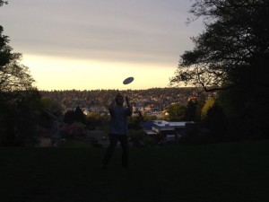 tossing a frisbee in a park near our home